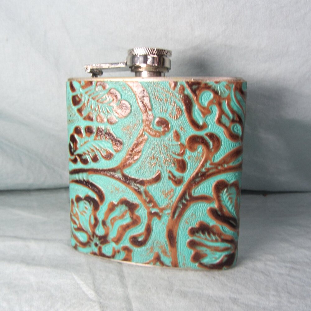 6 oz embossed leather stainless steel flask Top Shelf (W2669)